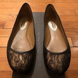Elie Tahari Black and Gold Lace Flats
